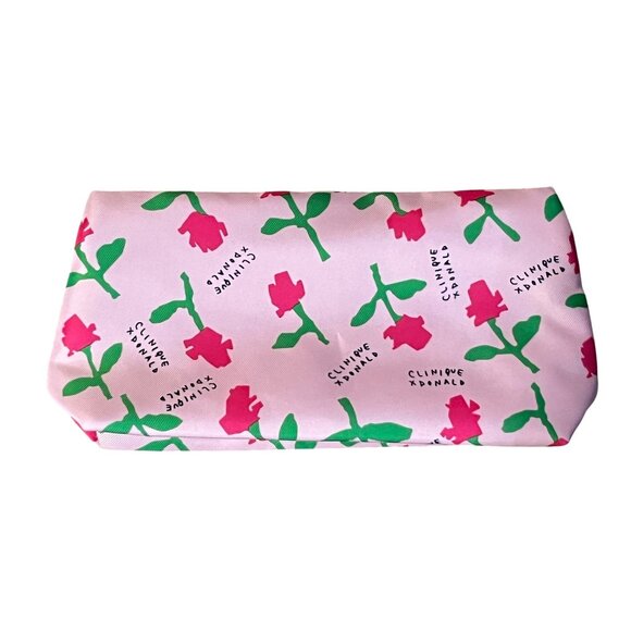 Clinique Handbags - Clinique X Donald Floral Makeup Bag Pink W/ Green Flower Pattern Zipper Pouch 9.